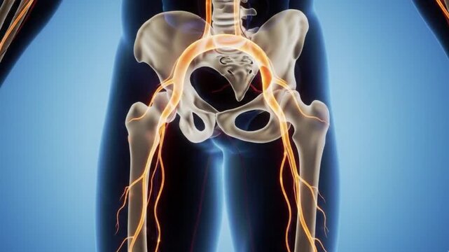 A medical video illustration of the human pelvis and lower back showing the sciatic nerves and surrounding skeletal structure in detail.