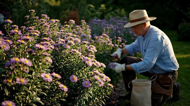 Gardener tends purple aster flowers in garden bed. Man with hat pruning aster blooms outdoors. Senior gardener works among flowering aster plants. Garden care with purple flowers and pruning tools.