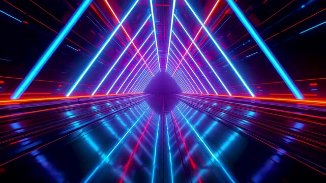 Futuristic Neon Triangle Tunnel With Blue and Pink Light Beams on Reflective Surface
