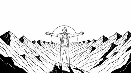 Hiker stands on mountain peak with arms outstretched in triumph. © Ahmad