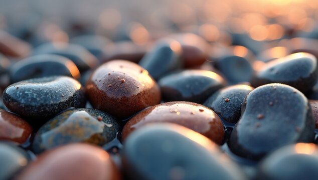 Close-up of smooth colorful beach pebbles glistening in the sunlight creating a serene and natural scene.