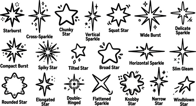 Hand drawn line art star and sparkle icon set close up grid showing labeled starburst shapes in black and white vector - Powered by Adobe