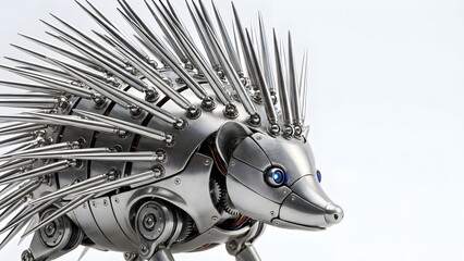 A robotic porcupine sculpture with metallic quills and blue eyes on a white background