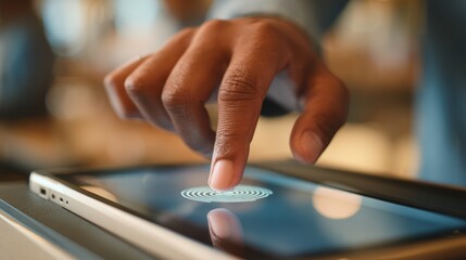 Medium shot of a person using a fingerprint scanner on a device to enable biometric verification during an online transaction.