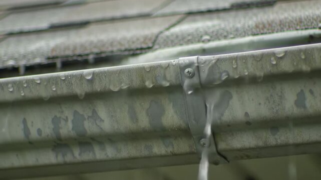Rainwater flows down a l gutter attached to a roof during a storm.