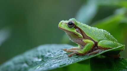 Fototapeta premium Emerald frog on foliage: detailed macro image capturing texture and dew