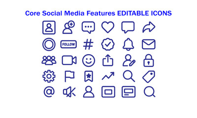 Modern outline icons for social media, communication, and user interface design