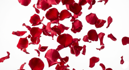 Falling red rose petals floating in the air isolated on white background, romantic overlay texture for photo manipulation and valentines day design