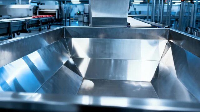 Medium shot of a new byproduct collection pit showing shiny unused surfaces ready to receive offal and trimmings in a modern meat processing facility.