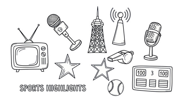 Sports highlights icons tv microphone scoreboard whistle hand drawn vector