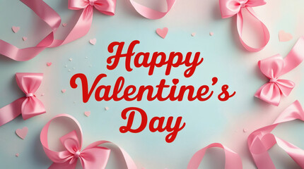 Happy Valentine's Day card with pink ribbons and hearts, celebrating love and romance