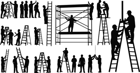 Construction ladder and scaffolding teamwork silhouette set showing workers climbing, assembling structures, repairing buildings, coordinating tasks,   © Salman