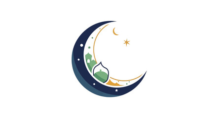 Crescent moon with stars and planets.