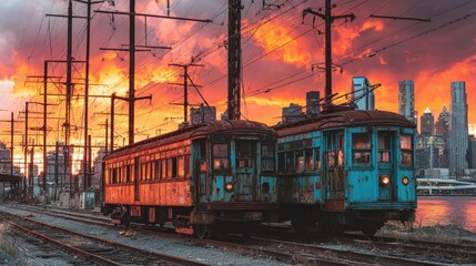 Obraz premium Weathered electric rail cars sit abandoned near a waterfront city skyline during a dramatic sunset