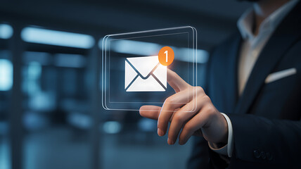 Professional businessman in a dark suit touches a glowing holographic email icon with a notification bubble signifying new message alert communication and digital correspondence