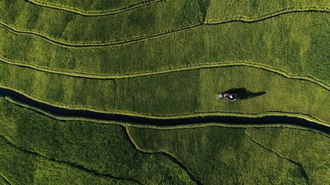 Aerial view of vibrant green rice terraces with irrigation channels and a small structure