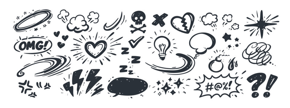 Comic doodle line set with anime expressions and movement effect icons, dynamic hand-drawn elements for emotional design. These expressions movement doodle graphics look energetic.