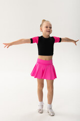 Portrait of child with cochlear implant during dance practice in studio. Hearing loss treatment, auditory rehabilitation, assistive medical device, emotional adaptation, and inclusive healthcare