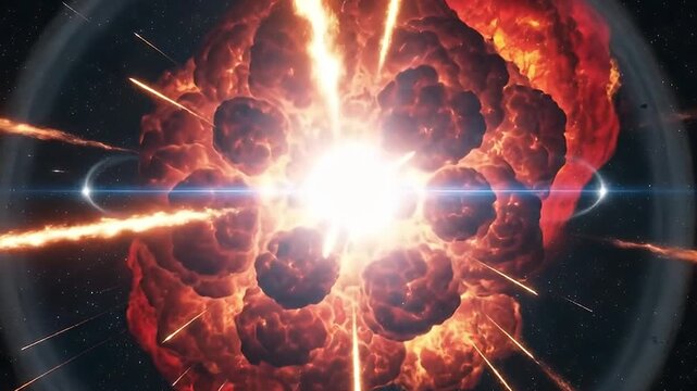 A massive, awe-inspiring cosmic explosion unfolds with spectacular intensity, dominating the frame. A brilliant white light erupts from the central core, surrounded by expanding, turbulent clouds of v