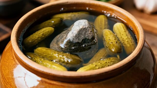 Medium shot of cucumbers fermenting in a ceramic crock fully submerged in brine with a heavy stone weight pressing down for traditional pickle preparation.