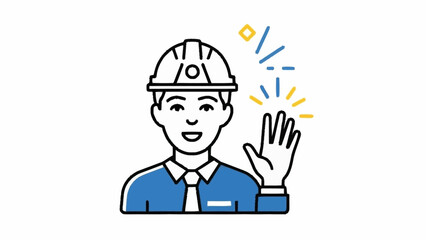 Construction worker wearing hard hat waving hello friendly greeting.