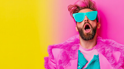 Man with vibrant pink hair, bright turquoise sunglasses, and fluffy pink jacket with open mouth in surprise against neon yellow and pink gradient background, expressing shock and excitement in bold, a