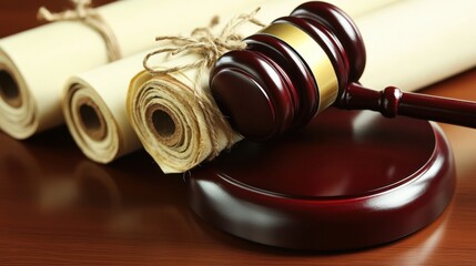 A polished wooden gavel rests on rolled documents symbolizing justice and legal proceedings