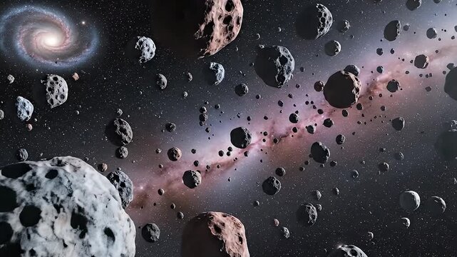 A mesmerizing cinematic view of a dense asteroid field drifting through the vastness of deep space, featuring countless rocky celestial bodies of varying sizes, shapes, and textured surfaces. Some ast