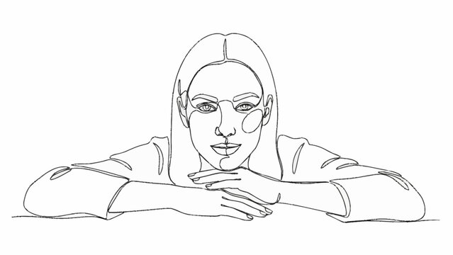 Continuous line drawing of a woman resting her chin on her hands.