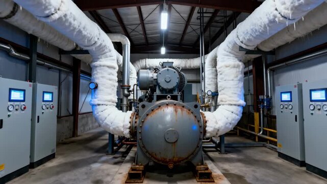 Medium shot of a spacious refrigeration plant engine room featuring insulated ammonia pipes and a powerful screw compressor surrounded by control panels and gauges.