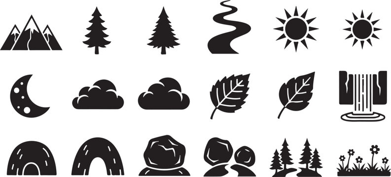 Minimal black vector icon set of 12 landscape symbols for adventure, travel and exploration themes.eps