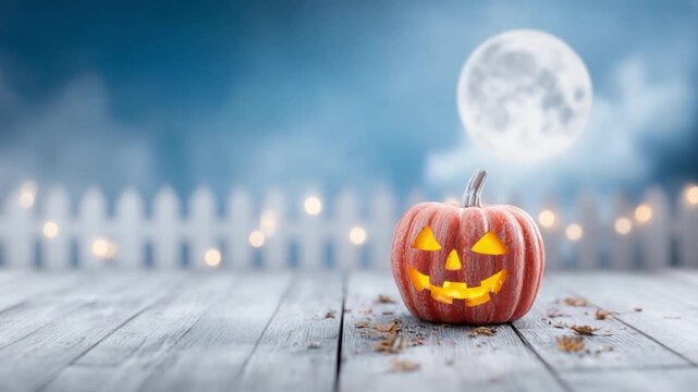 Enchanting Jack-o'-Lantern: A glowing Jack-o'-Lantern sits proudly on a weathered wooden surface, the full moon casts an eerie glow, the air is filled with the magic of Halloween.