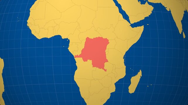 Democratic Republic of the Congo on Globe. Animated zoom into the country in Ocean Blue Golden Yellow color palette. Democratic Republic of the Congo logo animation. Map with meridians, parallels.