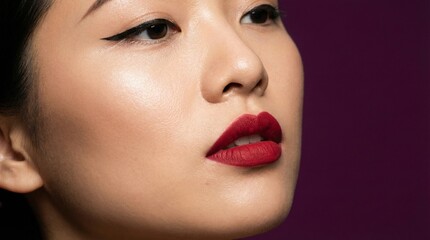 Close-up of Asian Woman with Bold Red Matte Lipstick and Eyeliner