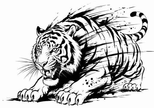 Powerful black and white ink wash illustration of a fierce tiger pouncing, artistic brush strokes and ink splatters on white background.