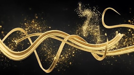 A mesmerizing golden ribbon or abstract fluid dances dynamically, swirling and undulating against a rich, dark background. Brilliant golden glitter particles scatter and sparkle, creating an atmospher - Powered by Adobe