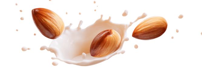 Almonds splashing in milk transparent background food photography studio