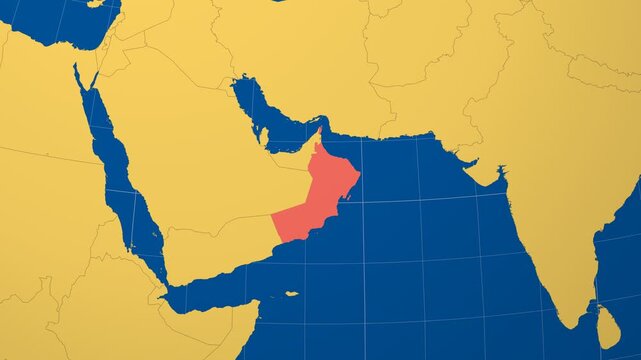 Oman on Globe. Animated zoom into the country in Ocean Blue Golden Yellow color palette. Oman logo animation. Map with meridians, parallels. Captivating video.