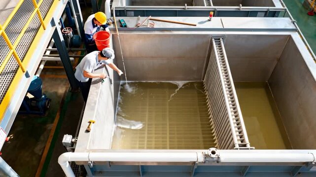 Medium shot focused on maintenance activities around the empty settling clarifier highlighting industrial cleaning and inspection of juice filtration equipment.
