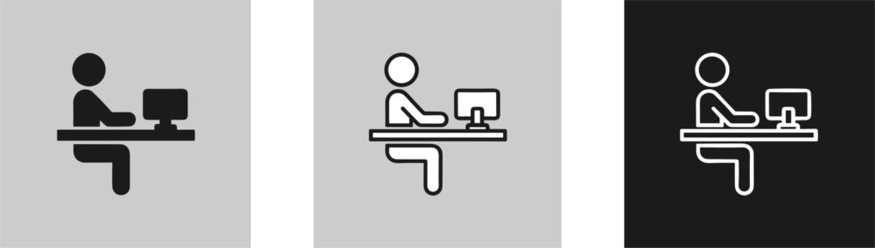 Office worker sitting at desk computer icon set in silhouette outline and inverted styles isolated flat vector design