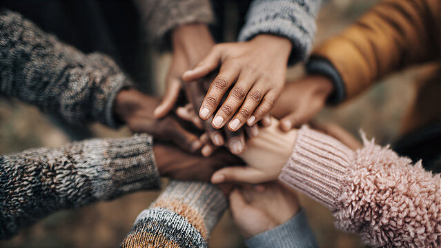 Diverse group of people showing unity and teamwork by stacking their hands together in a powerful gesture of support and collaboration.
