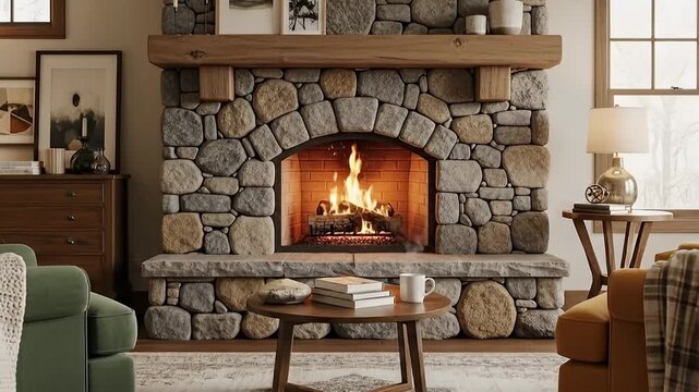 A meticulously designed interior scene showcases a magnificent stone fireplace, where a vibrant, comforting fire crackles and glows, casting a warm ambiance across the room. The rustic yet refined aes
