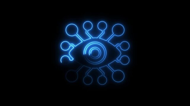 Glowing Blue Neon Abstract Eye Network Icon on Black Background vision technology