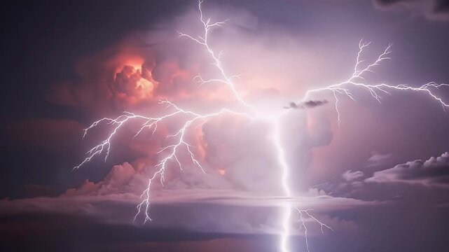 A powerful and dramatic supercell thunderstorm dominates the twilight sky, showcasing an awe-inspiring display of nature's raw force. Fiery red and deep purple clouds churn and swell, illuminated by b