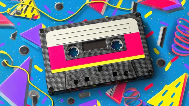 Retro Cassette Tape with Colorful 80s Background