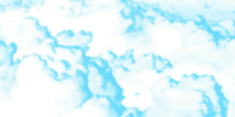 Obraz premium Halftone cloud background. White dotted clouds in blue sky. Pop art heaven wallpaper for banner, brochure, collage, poster, leaflet. Pixelated smoke, smog or fog texture. Vector illustration