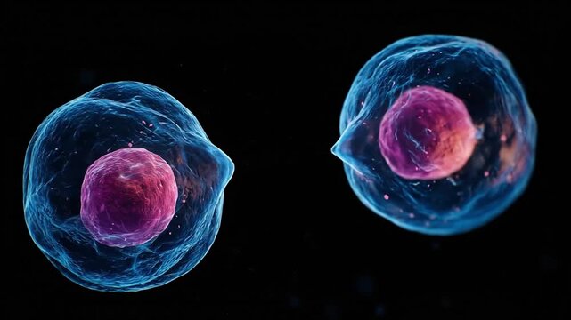 Two biological cells in the process of mitosis, vibrant membrane highlights and soft nuclei separating and after plasma membrane division to separate daughter cells