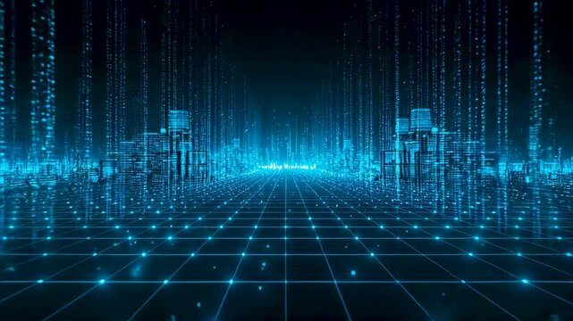 Digital Data Grid Landscape With Blue Matrix Streams and Futuristic Network Environment