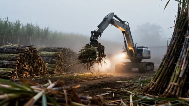 Medium shot of a robotic cane yard loader maneuvering through a foggy environment with mist softly enveloping the machinery as it carefully loads and stacks cane piles.