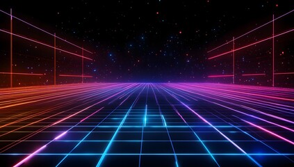 Digital horizon with perspective grid and glowing neon lines in retro synthwave style featuring starry space and vibrant color streaks for technological background concept and cyberspace visuals